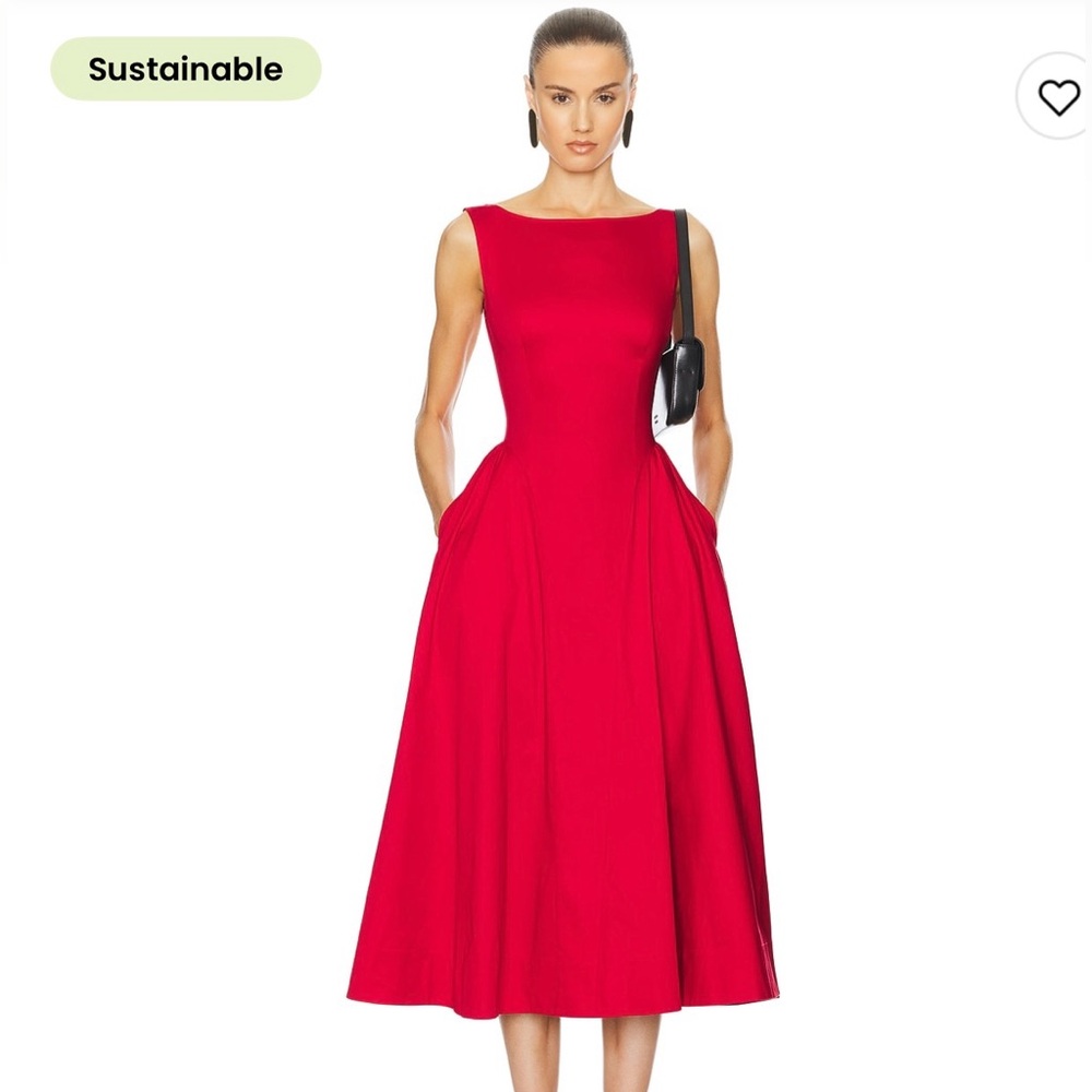 Stretch Cotton Sateen Midi Dress in Red